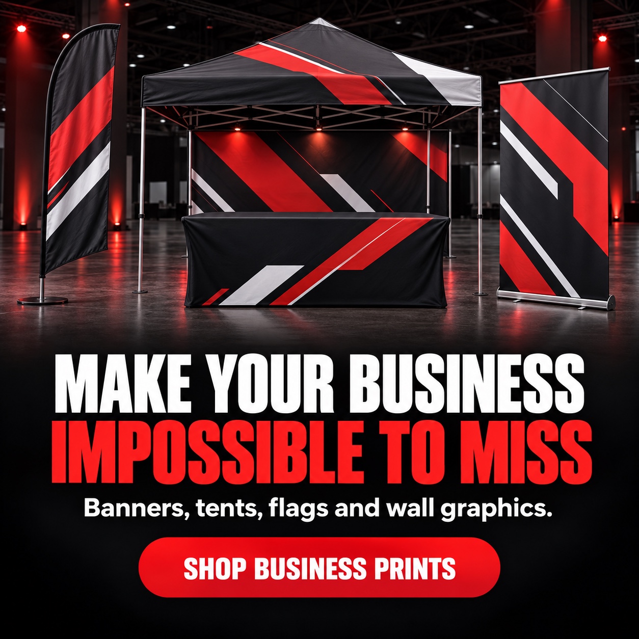 Coordinated printed event tent, flag and retractable display