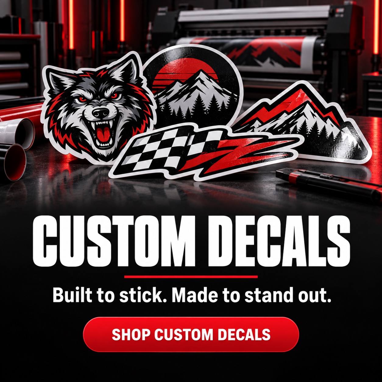 Full-color custom decals beside a production printer