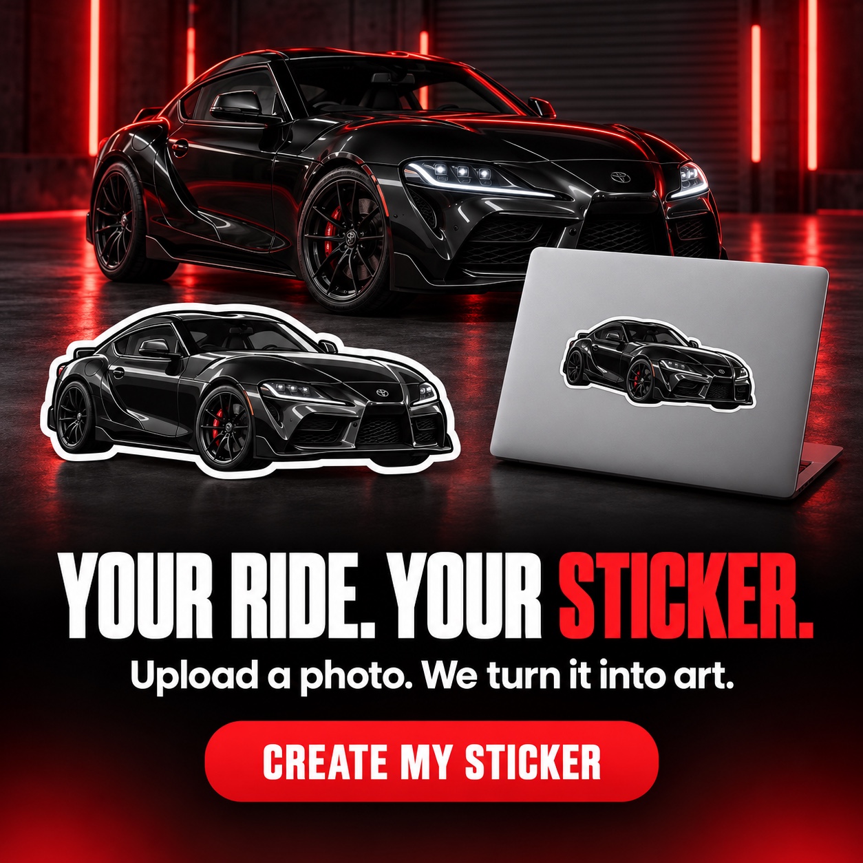 Vehicle photo transformed into a contour-cut cartoon sticker